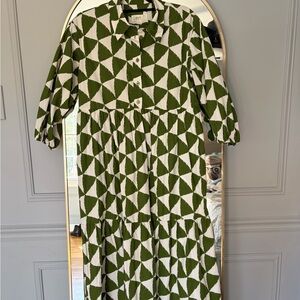Anthropologie Maeve Green & White Geometric Button-Up Tiered Maxi Dress